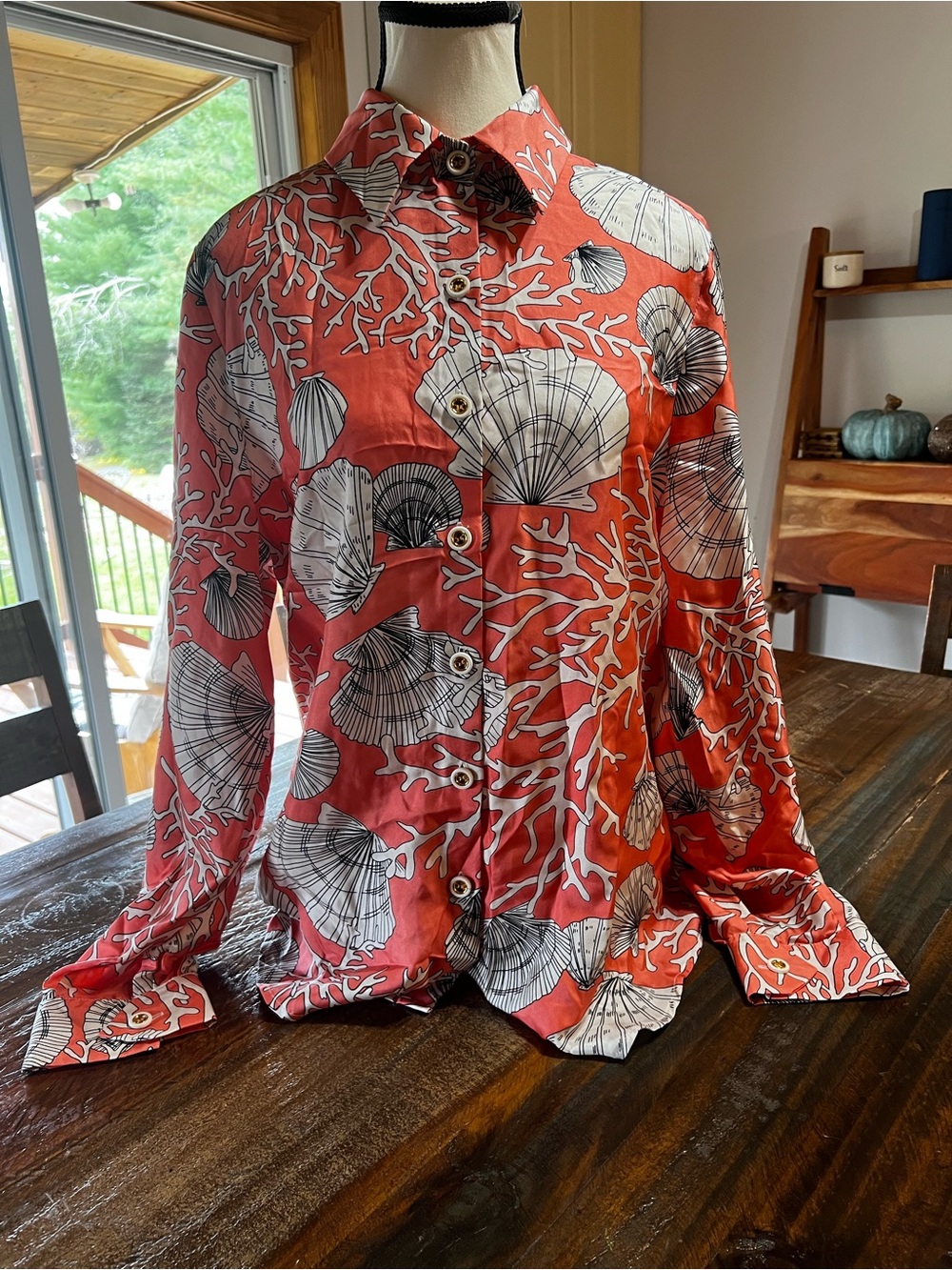 Skirtin Around Coral and White Shell-Print Button-Down Shirt